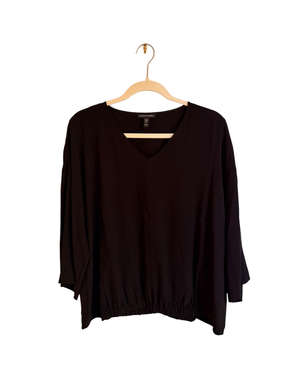 Eileen Fisher Black Silk V-Neck Blouse Women's Size M Long Sleeve Minimalist